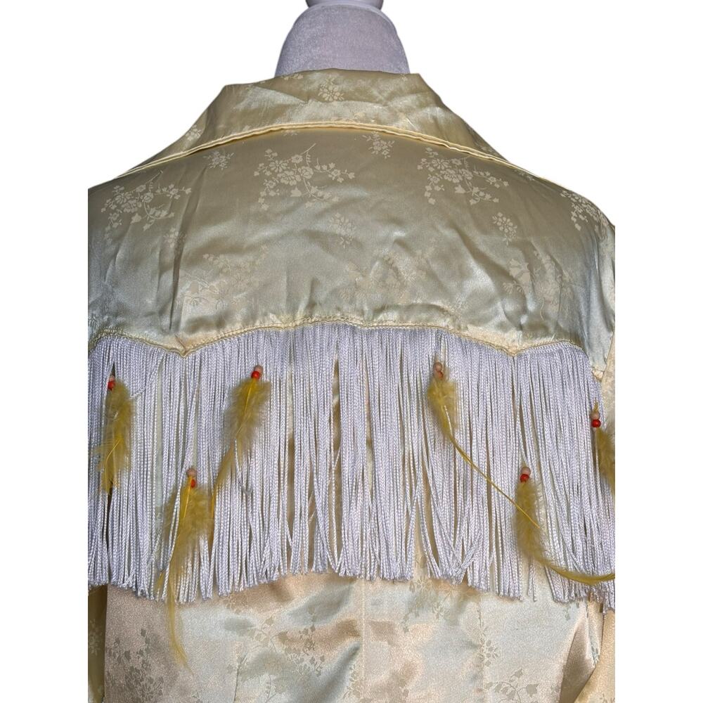 Vintage Butter Yellow Satin Fringe Floral Western Shirt Feather Rodeo Festival - Picture 5 of 11